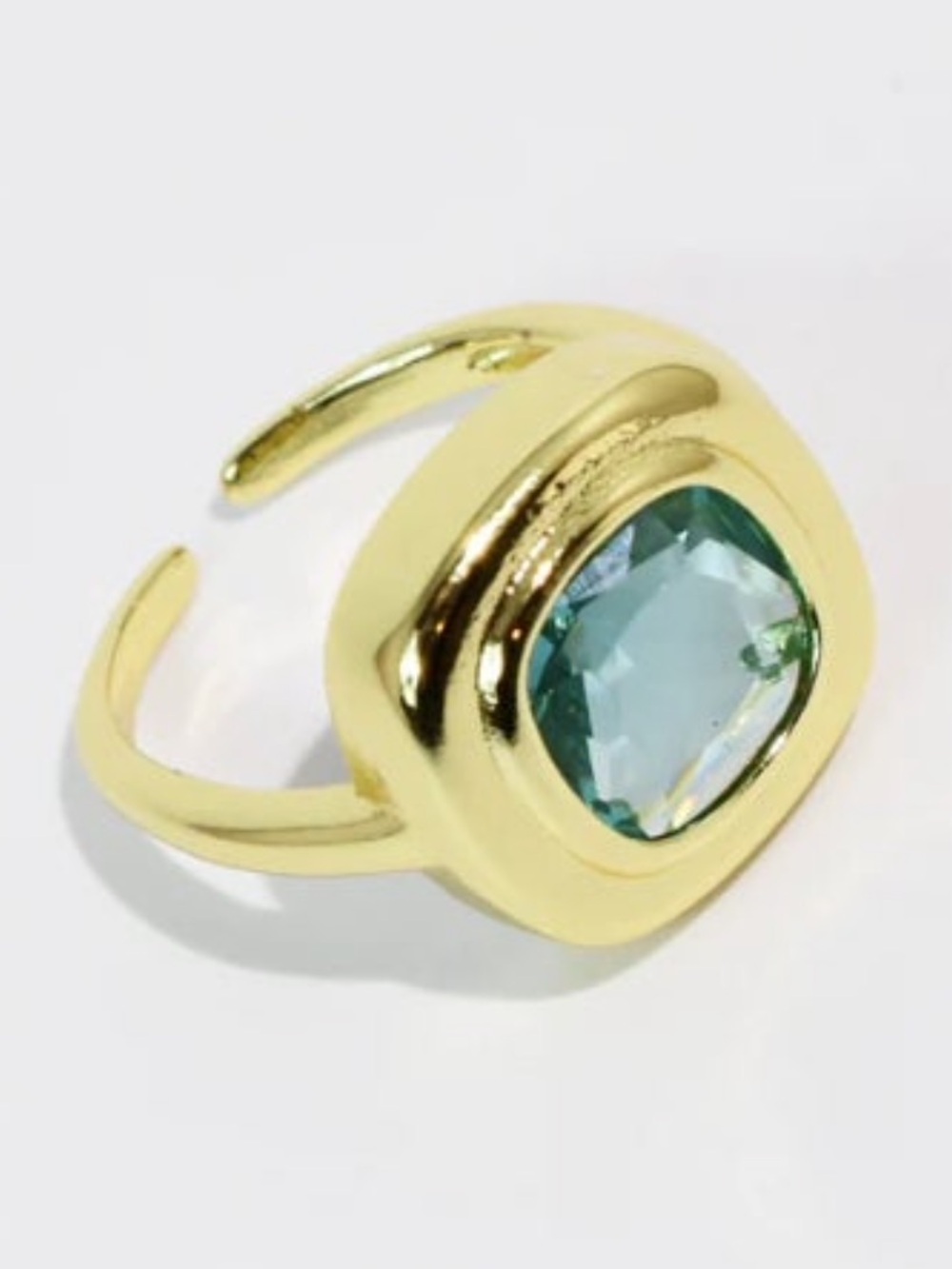 Adjustable Gold-Tone Ring with Aqua Cushion Crystal